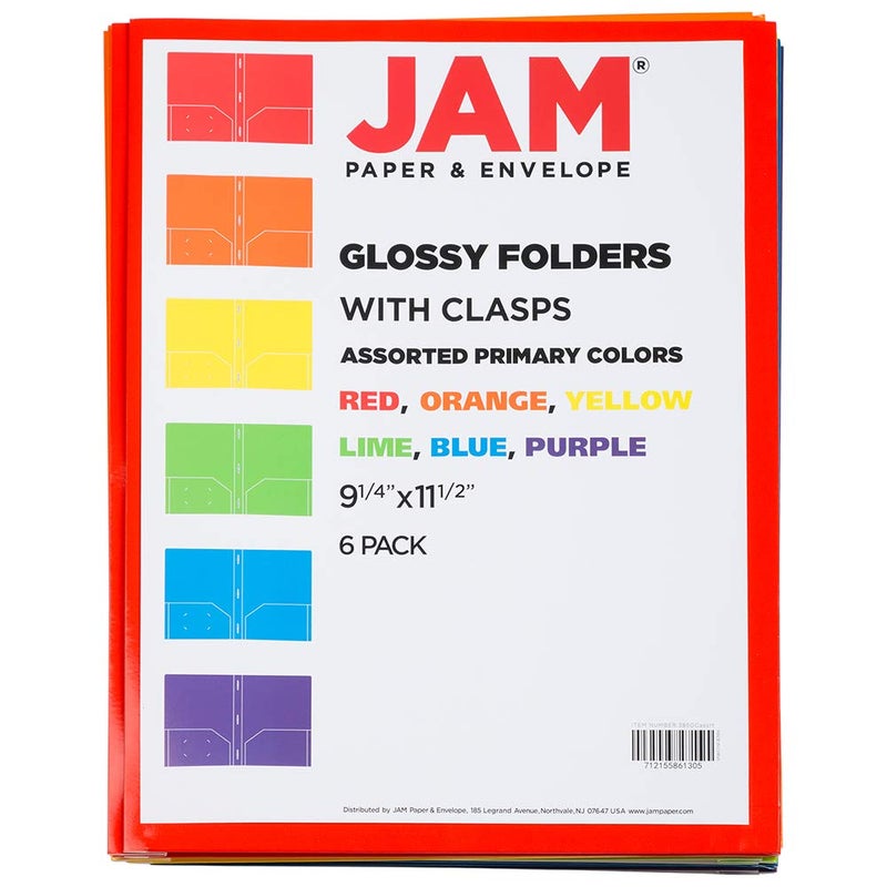 JAM Paper Laminated Two Pocket Glossy Folders with Metal Prongs Fastener Clasps - Assorted Primary Colors - 6/Pack - Image 4